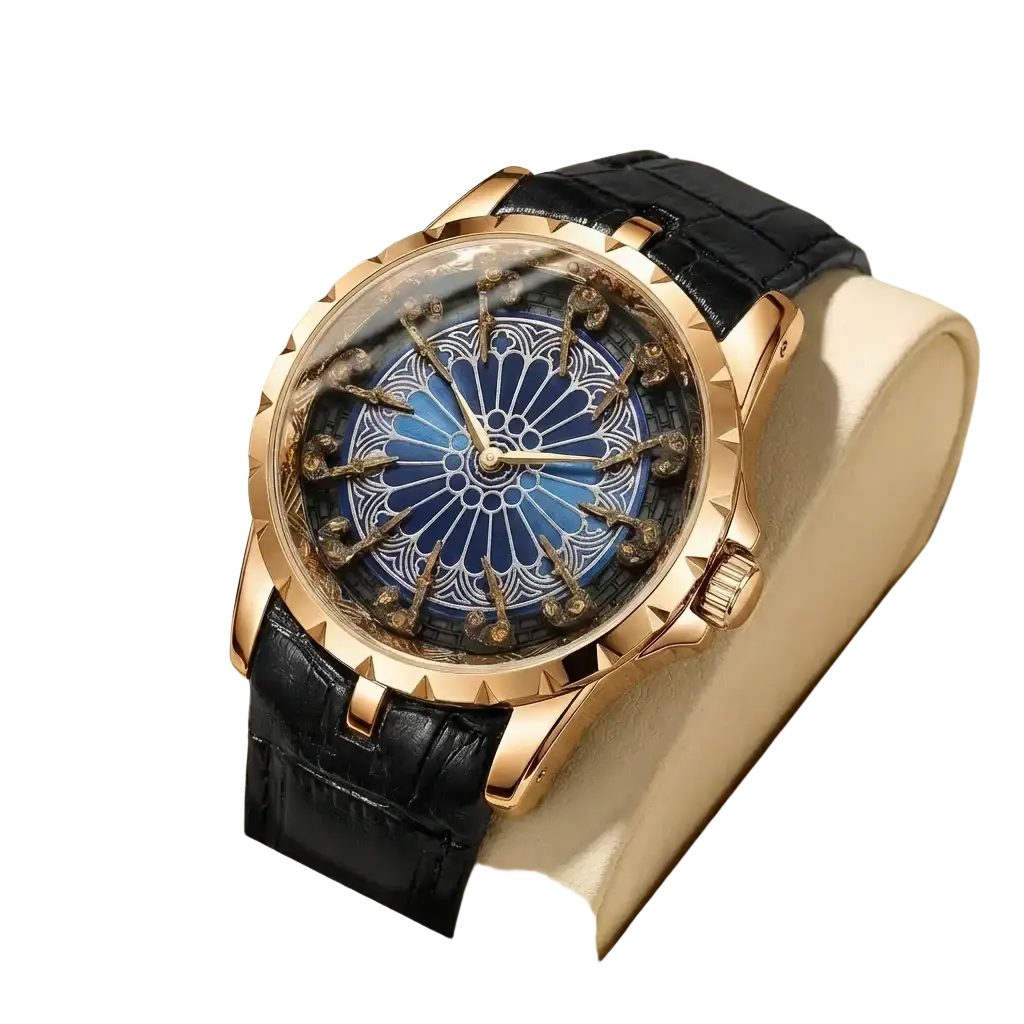 Men skeleton quartz watch featuring a rose gold case, black crocodile leather strap, and intricate blue floral dial