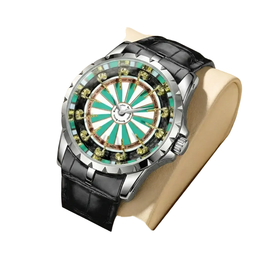 Men skeleton quartz watch with a green and white radial dial, golden hour markers, and black crocodile leather strap