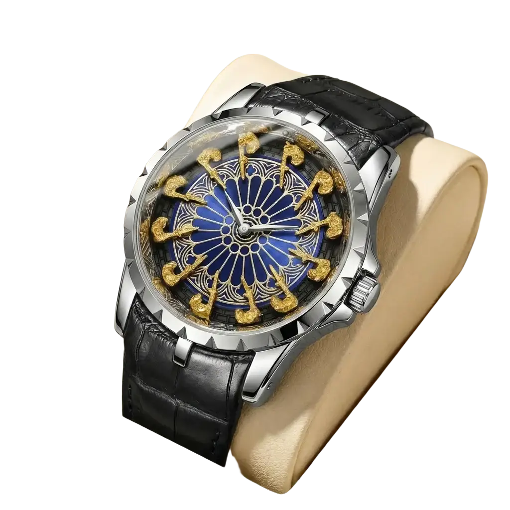 Men skeleton quartz watch with silver-toned case, black crocodile leather strap, and blue dial with golden musical notes