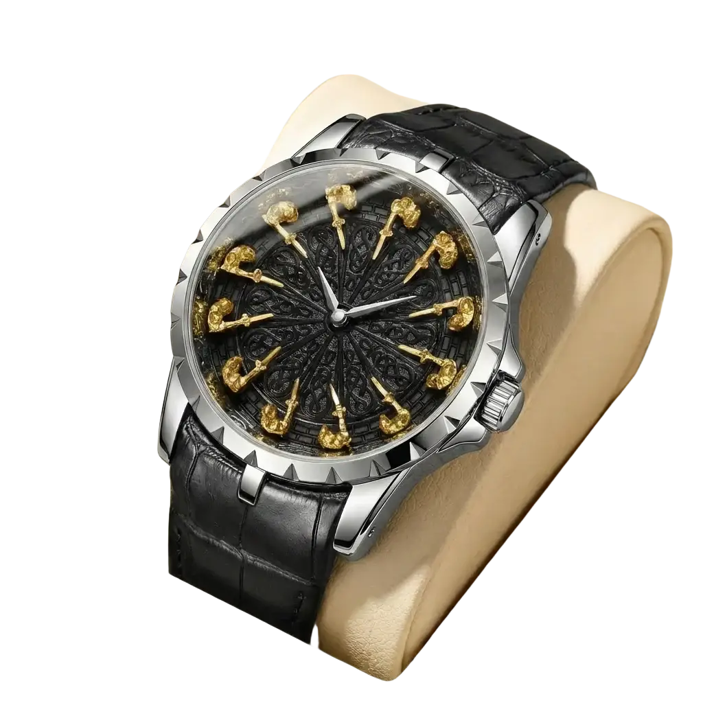 Men skeleton quartz watch with luxury black crocodile leather strap silver case and gold ornate dial with intricate markers