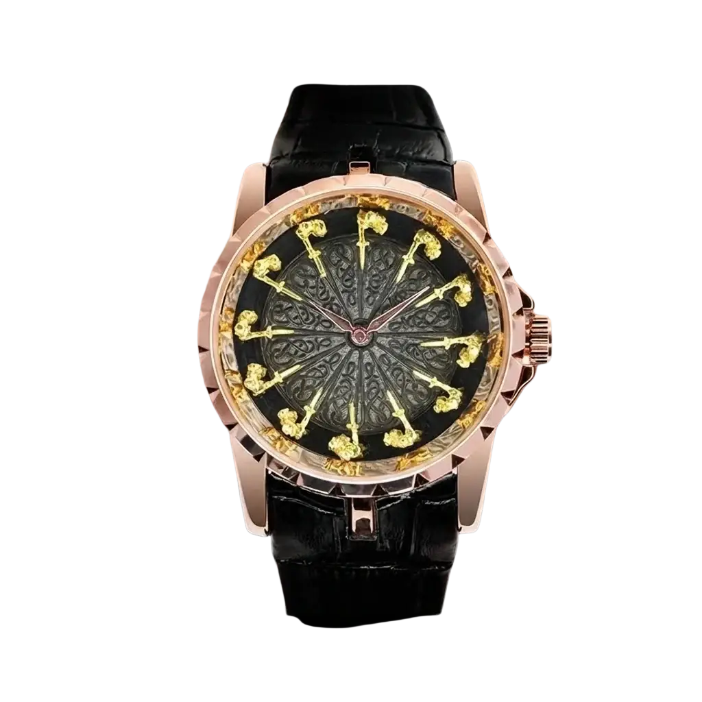 Men skeleton quartz watch with a rose gold case black dial featuring golden sword motifs and black leather strap