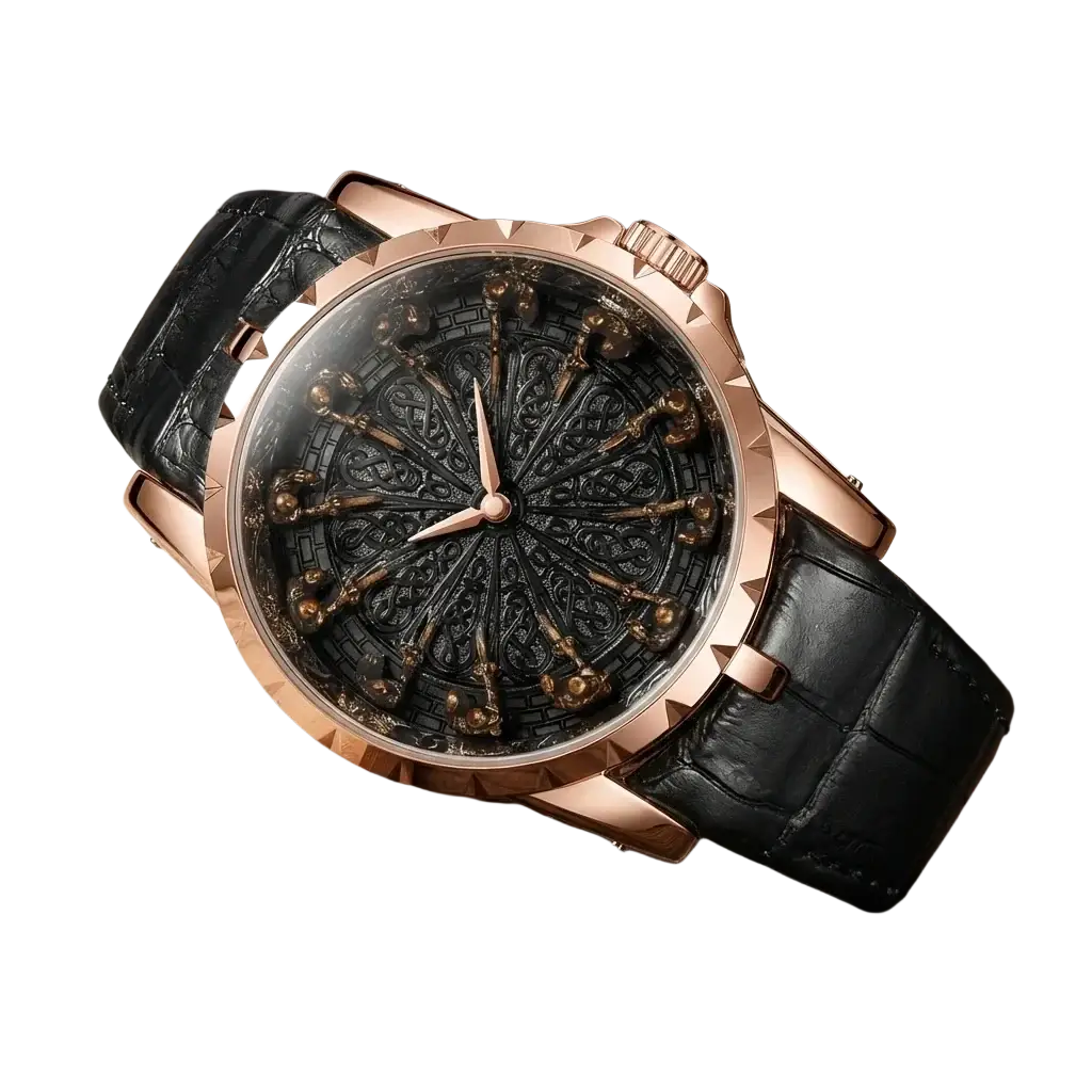 Men skeleton quartz watch with rose gold case, black dial with ornate golden accents, and textured black leather strap