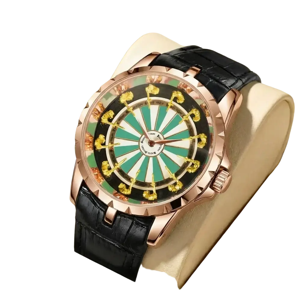 Men skeleton quartz watch with rose gold dartboard-themed dial and black alligator leather strap