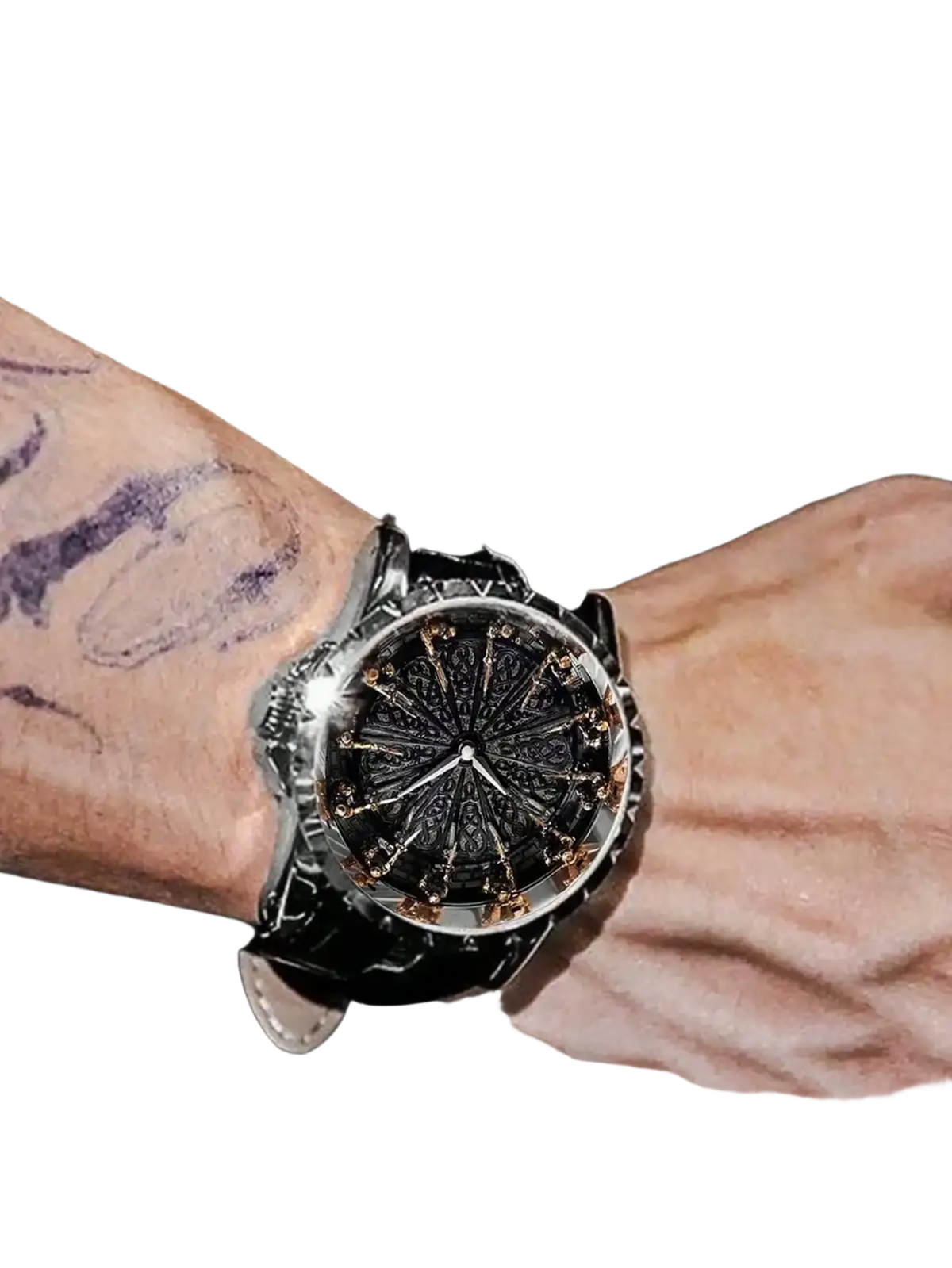 Men skeleton quartz watch with a sleek black dial gold-toned details silver-tone case worn on leather strap wrist