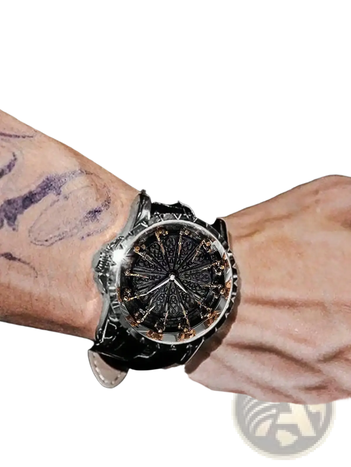 Men skeleton quartz watch with a sleek black dial gold-toned details silver-tone case worn on leather strap wrist
