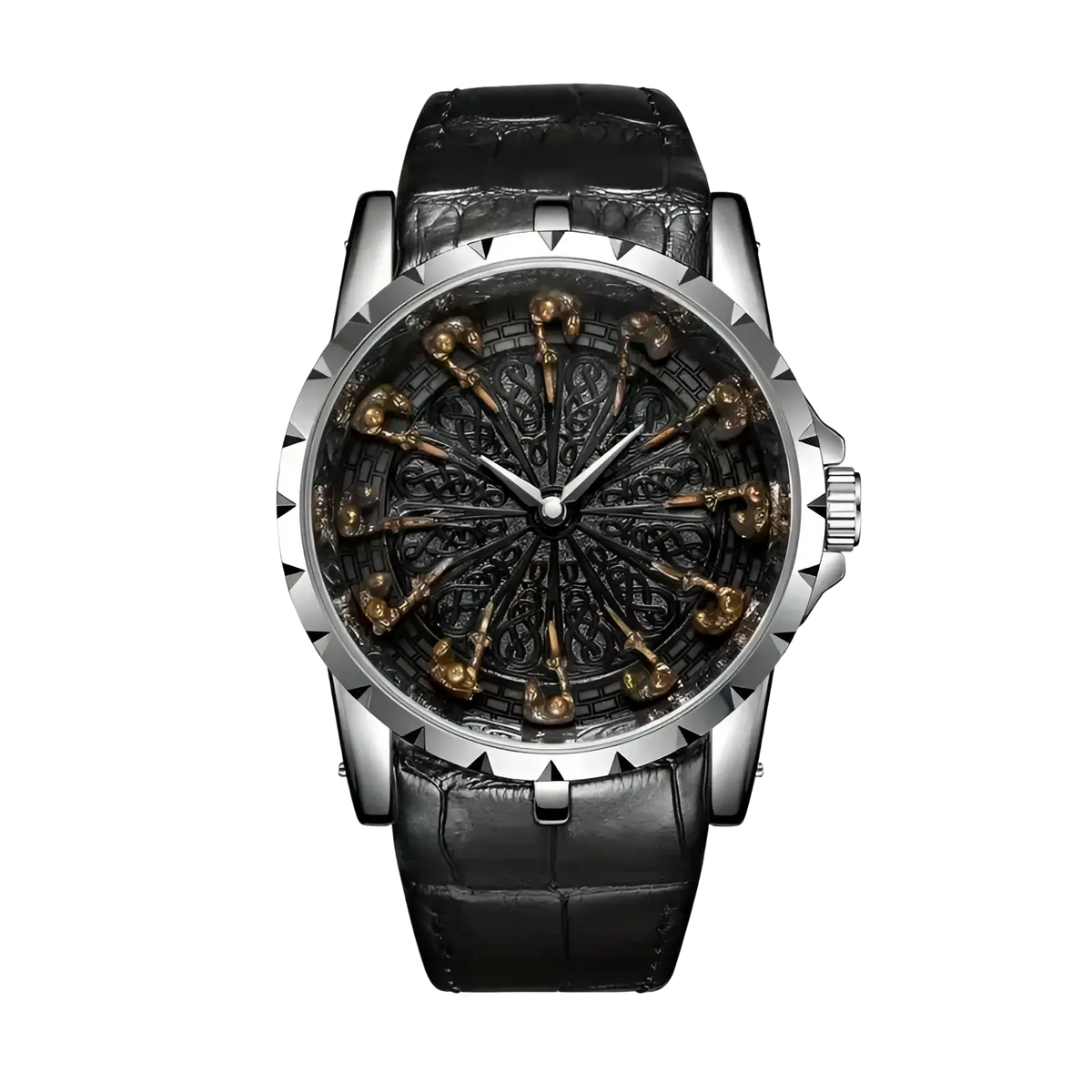 Men skeleton quartz watch with black leather strap silver case and dark dial featuring golden skeleton hands