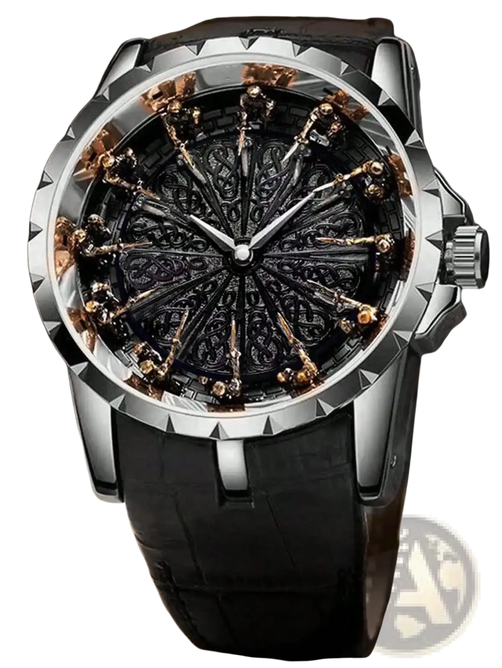 Men skeleton quartz watch with black and gold skeletonized dial silver-toned case and black leather strap