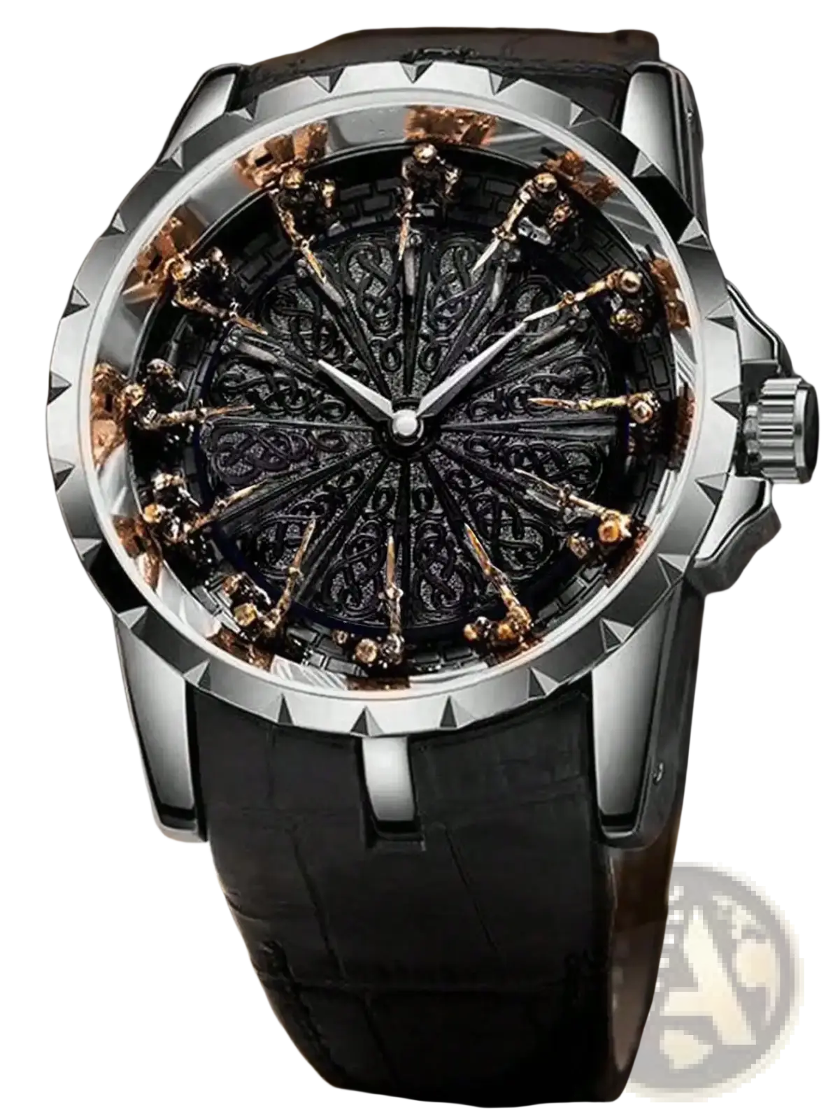Men skeleton quartz watch with black and gold skeletonized dial silver-toned case and black leather strap