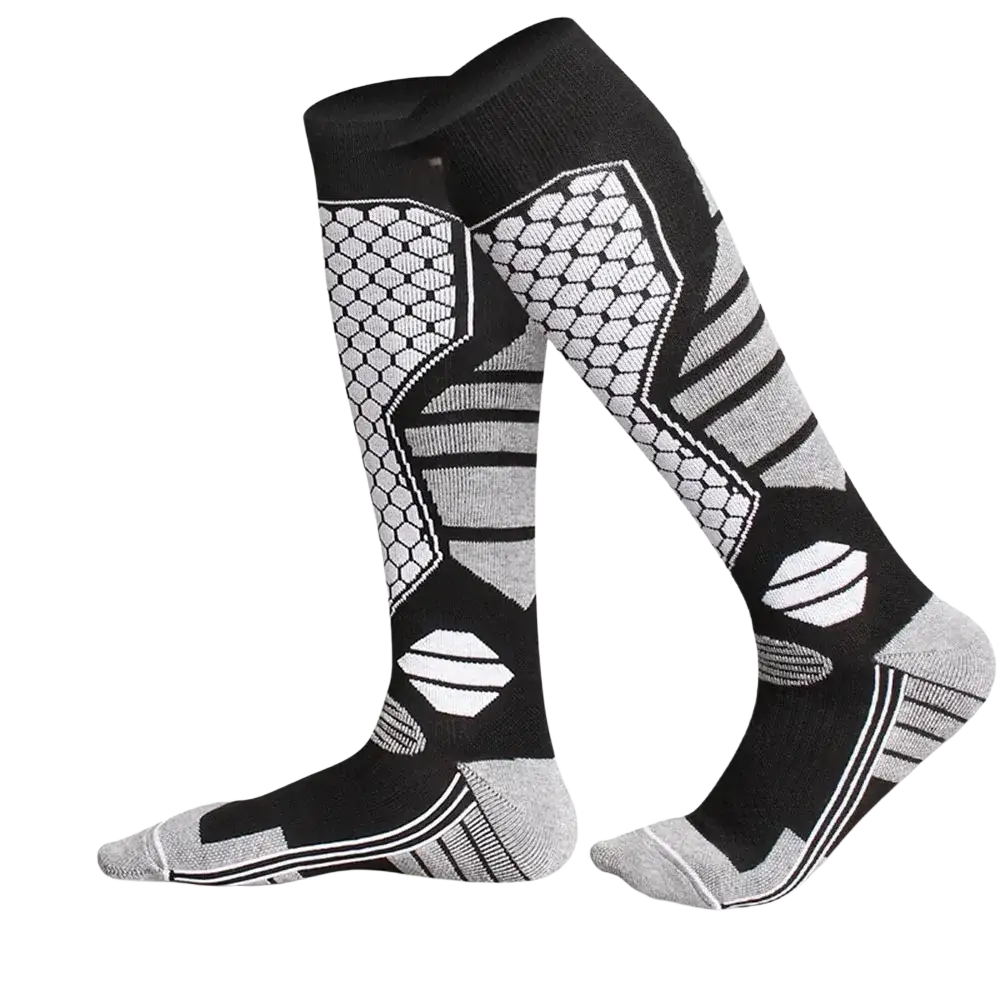 Men ski socks thermal compression knee high featuring excellent warmth in black and gray with geometric pattern