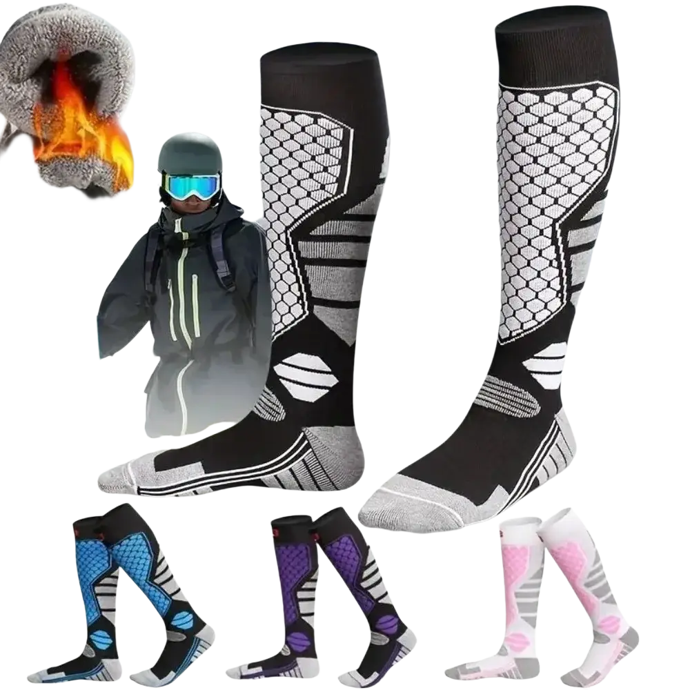 Men ski socks thermal compression knee high in black and gray featuring excellent warmth and reinforced honeycomb support