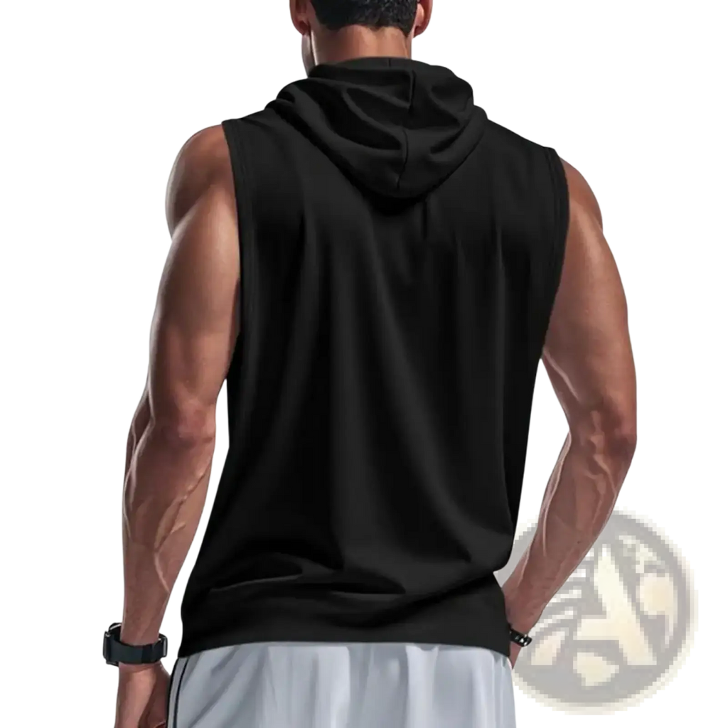 Black sleeveless hooded workout vest with ribbed hem designed for quick dry performance and active use