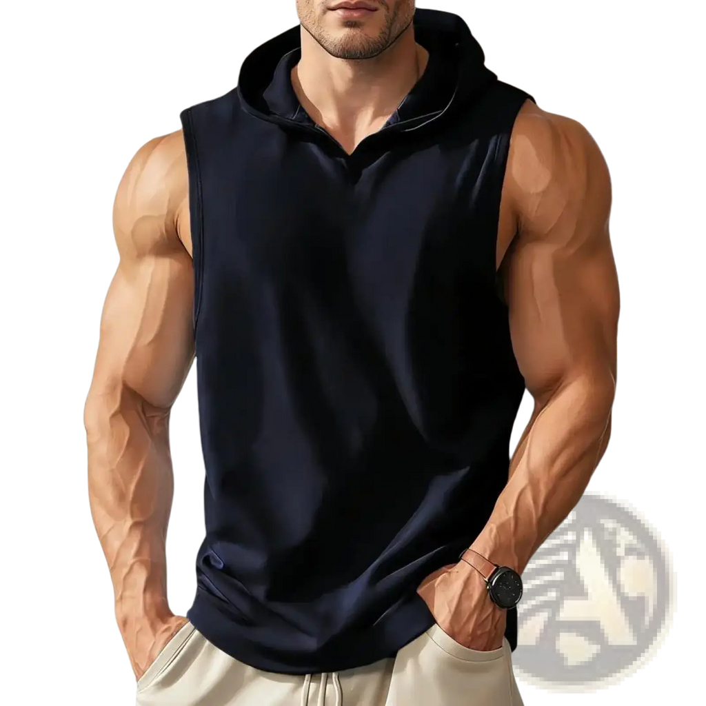 Men sleeveless hooded workout vest in black with soft smooth fabric and relaxed fit for quick dry performance