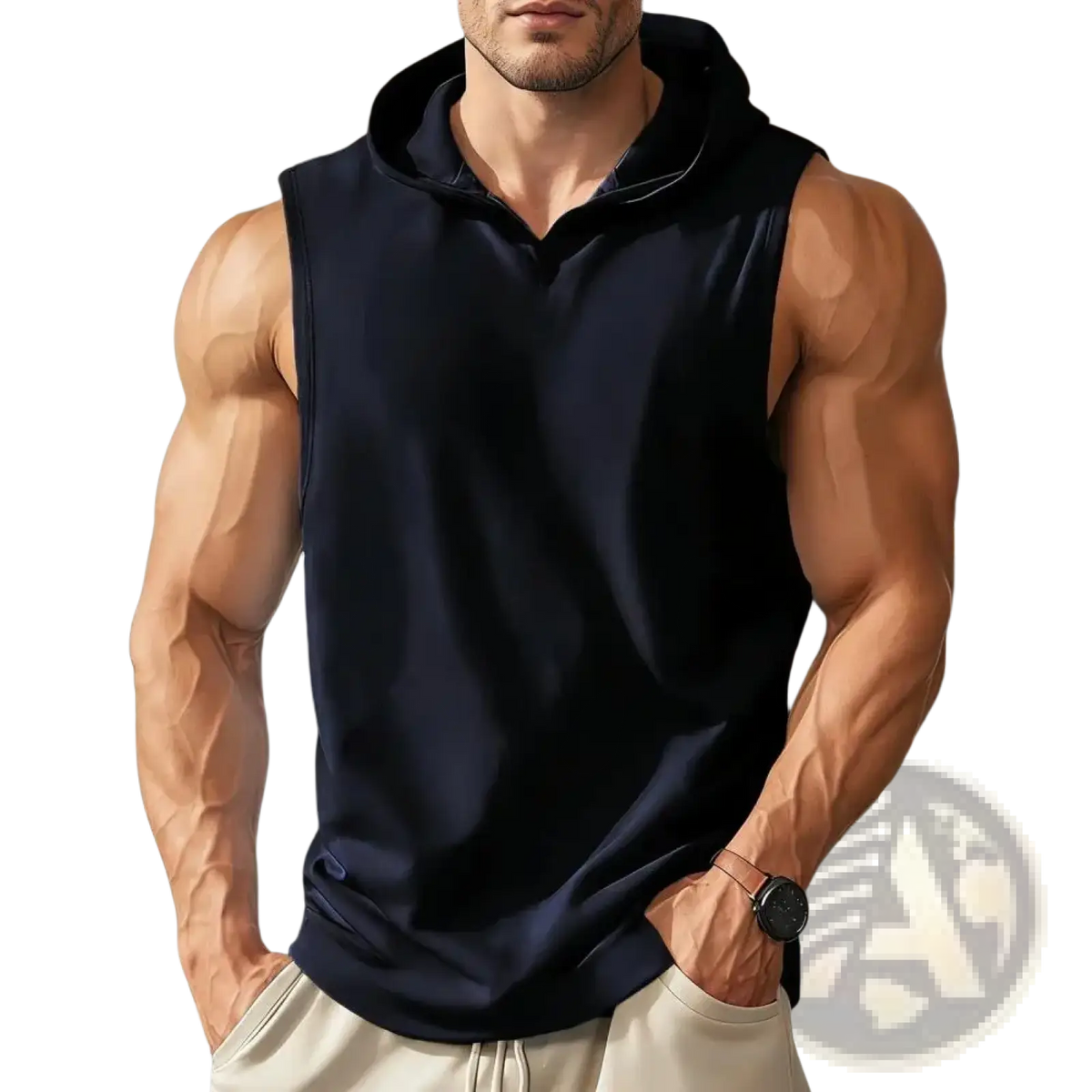 Men sleeveless hooded workout vest in black with soft smooth fabric and relaxed fit for quick dry performance