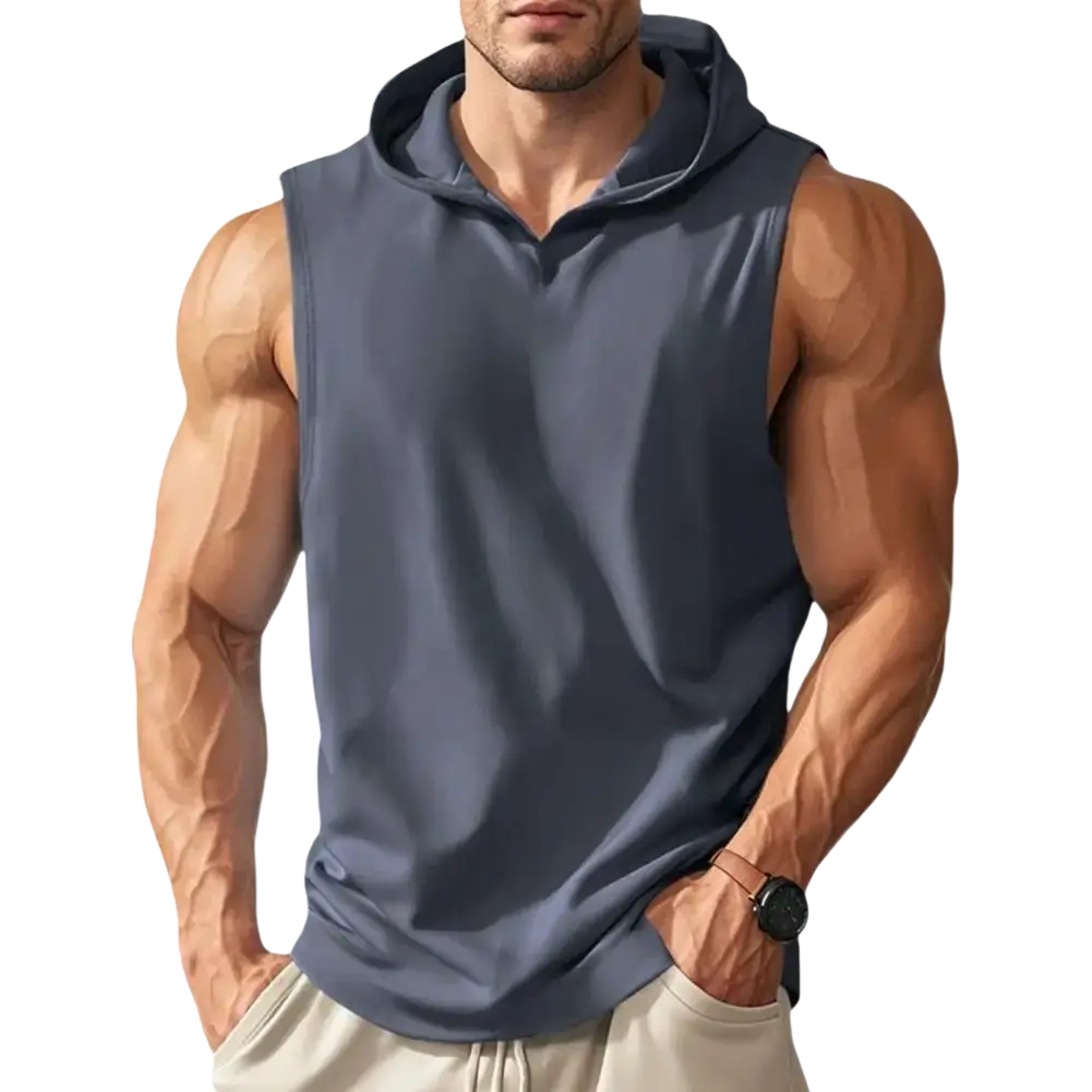 Men sleeveless hooded workout vest in dark gray smooth fabric with v-neckline and quick dry feature