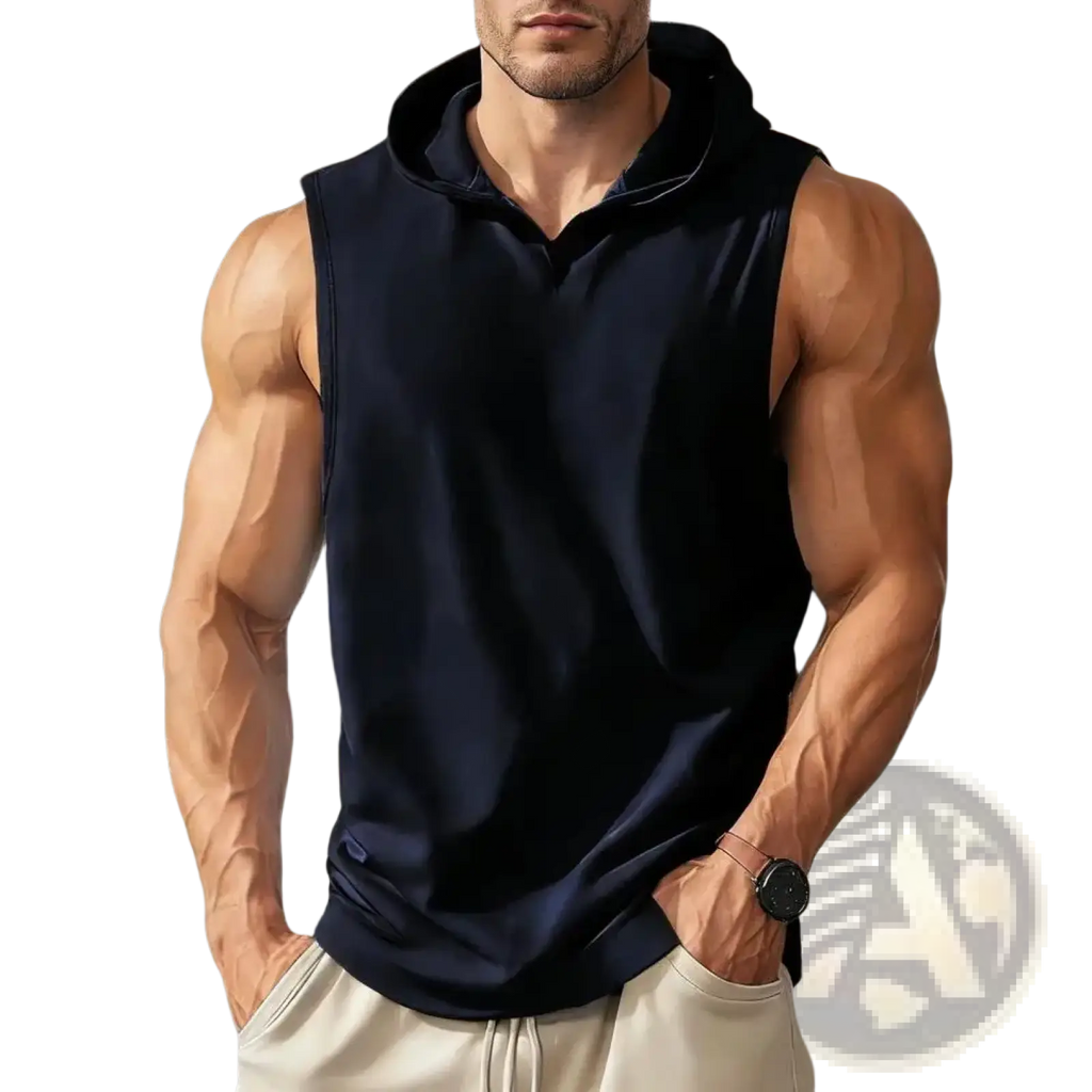 Dark navy men sleeveless hooded workout vest made of soft smooth fabric with a relaxed fit for quick dry comfort