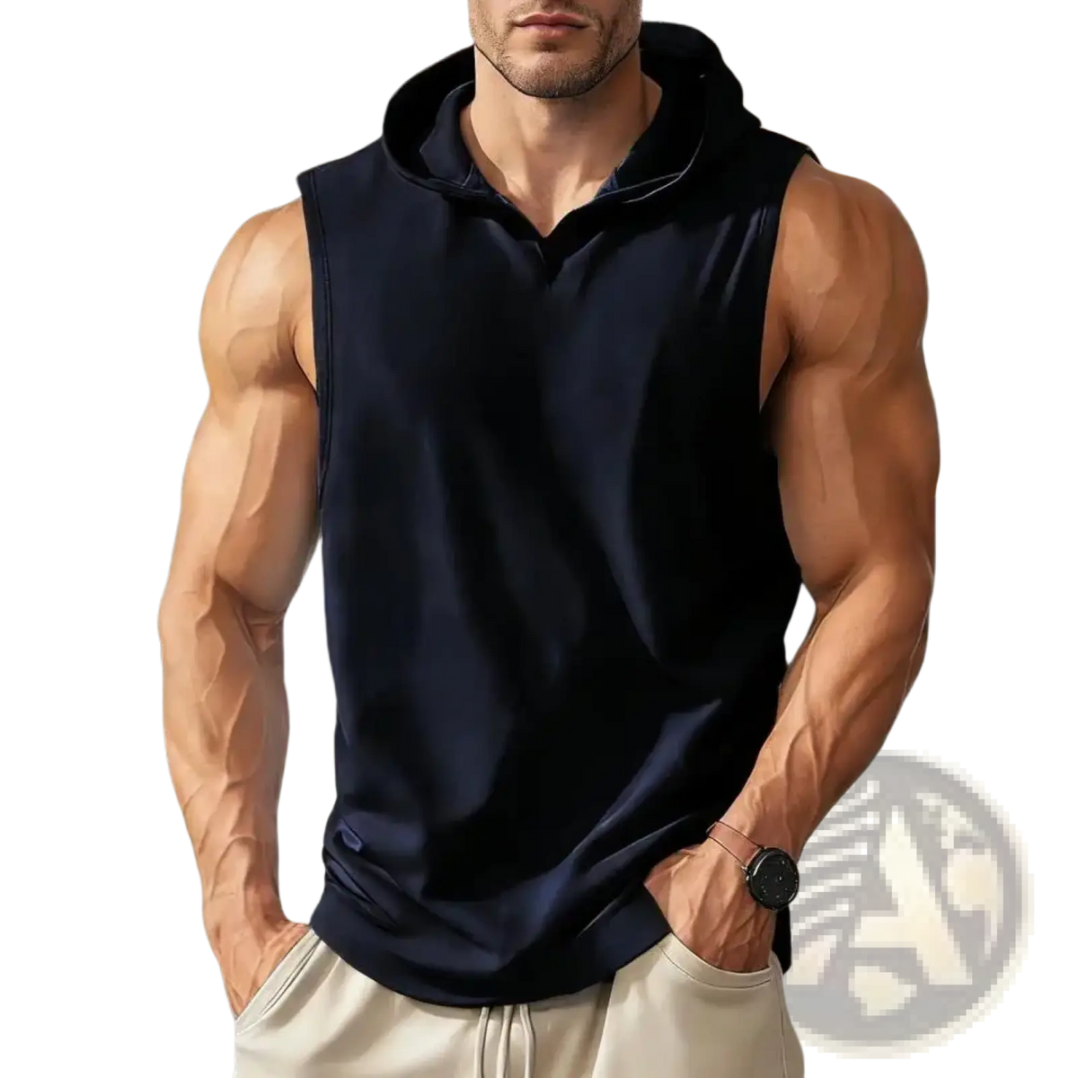 Dark navy men sleeveless hooded workout vest made of soft smooth fabric with a relaxed fit for quick dry comfort