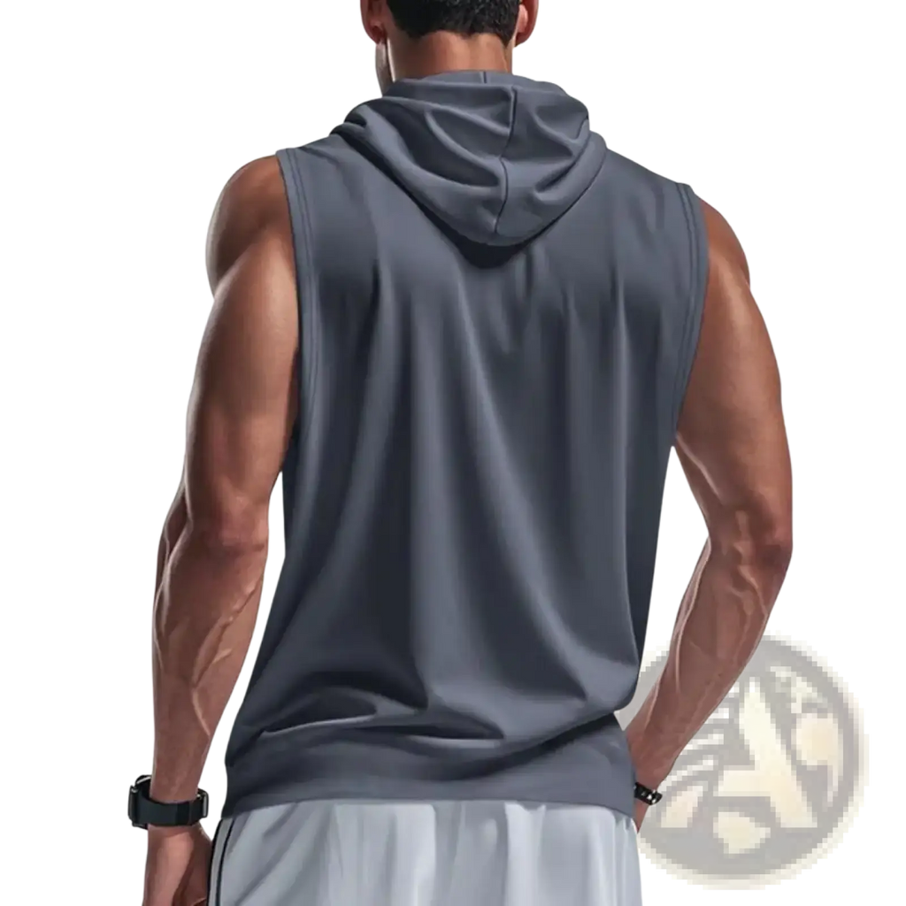 Men sleeveless hooded workout vest in gray soft athletic fabric with a snug fit for quick dry performance