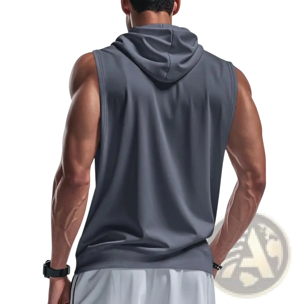 Men sleeveless hooded workout vest in gray soft athletic fabric with a snug fit for quick dry performance