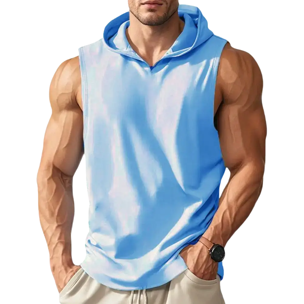 Men sleeveless hooded workout vest in light blue with quick dry fabric and subtle gradient effect