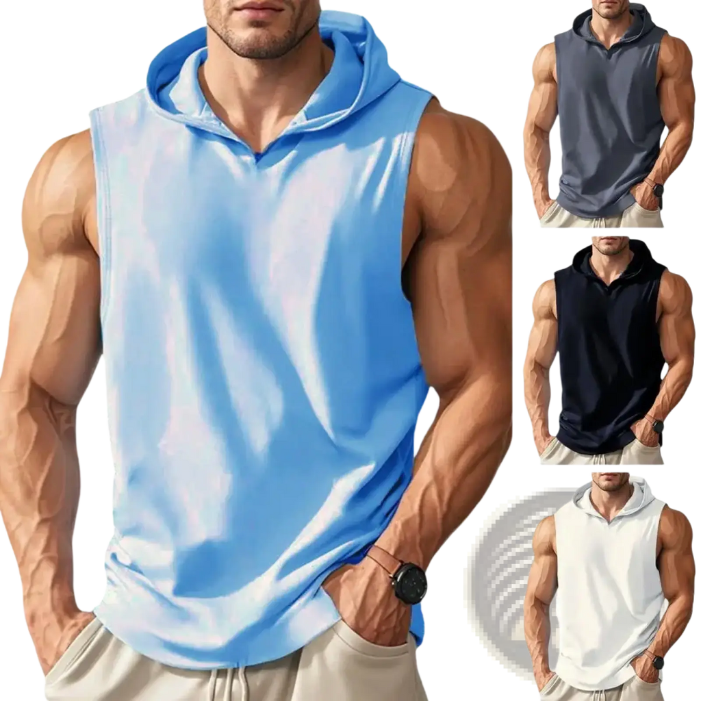 Men sleeveless hooded workout vest in light blue with front zipper made of soft quick dry fabric