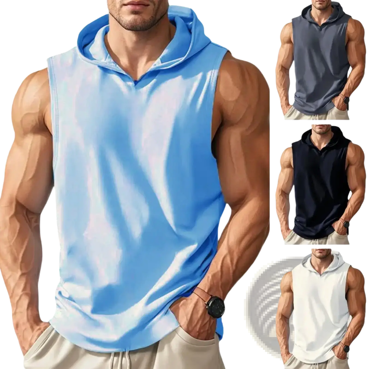 Men sleeveless hooded workout vest in light blue with front zipper made of soft quick dry fabric