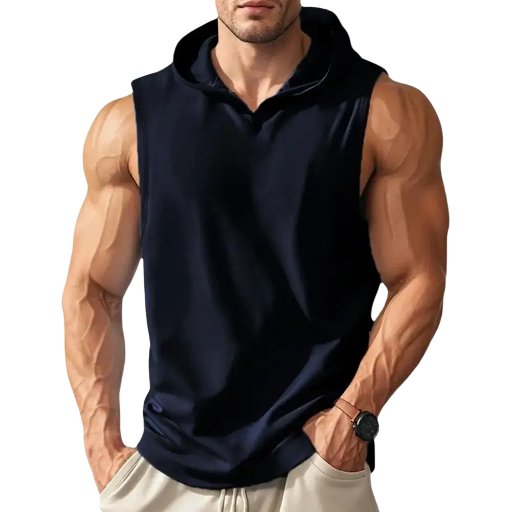 Men sleeveless hooded workout vest navy blue v neck quick dry tank top made of smooth fabric