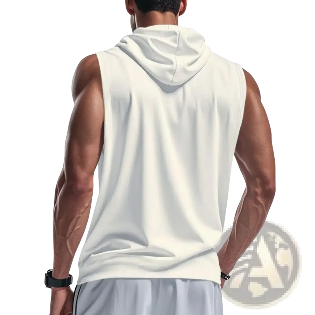 Men sleeveless hooded workout vest in white lightweight fabric with quick dry and no sleeves design for exercise use