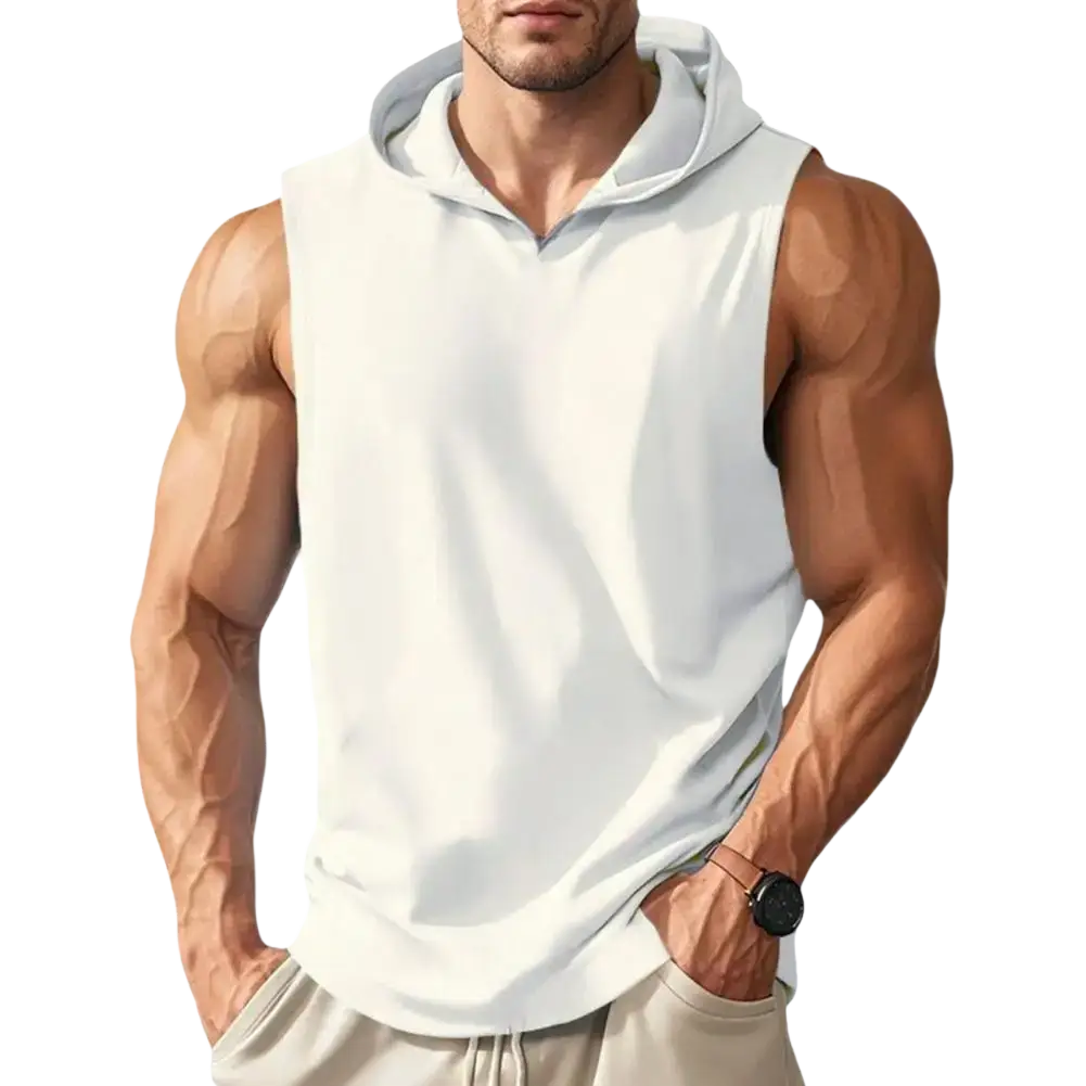 Men sleeveless hooded workout vest in white with soft lightweight fabric and light gray hood lining for quick dry use
