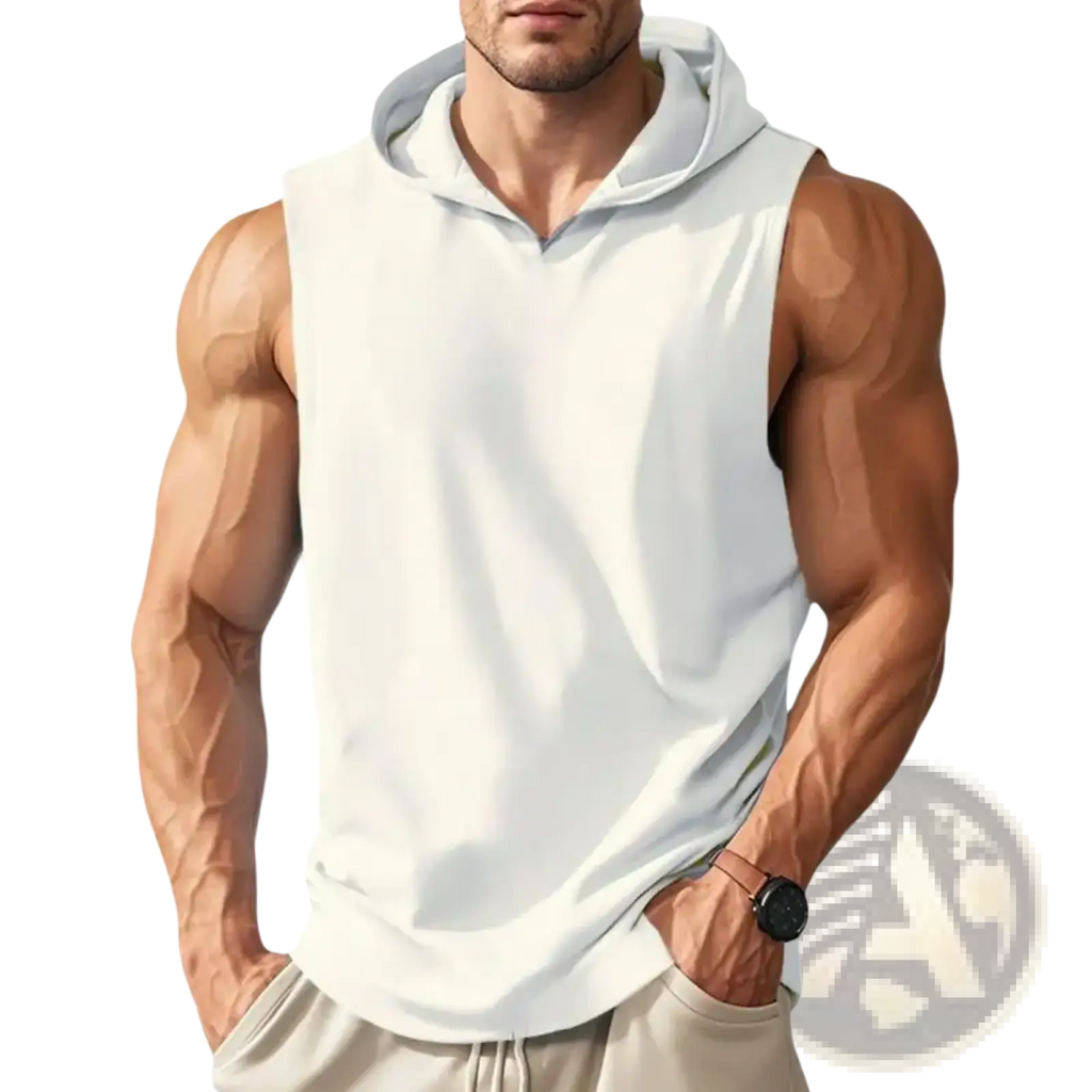 Men sleeveless hooded workout vest in white with soft lightweight fabric and light gray hood lining for quick dry use
