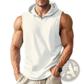 Men sleeveless hooded workout vest in white with soft lightweight fabric and light gray hood lining for quick dry use