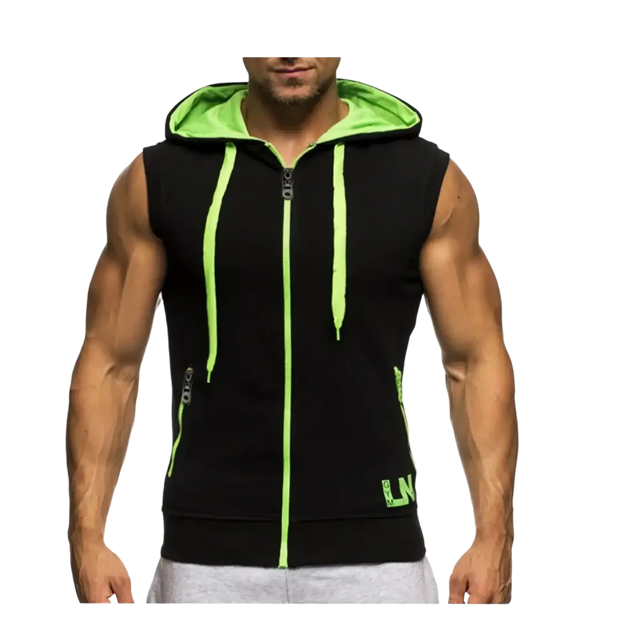 Men sleeveless zip hoodie gym tank top in black with neon green lining zipper trim and drawstrings for activewear