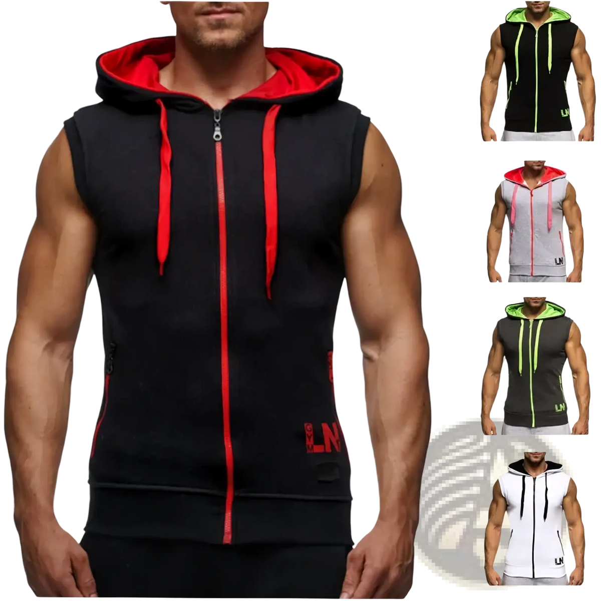 Men sleeveless zip hoodie gym tank top in black with red interior lining and zipper accents for activewear use