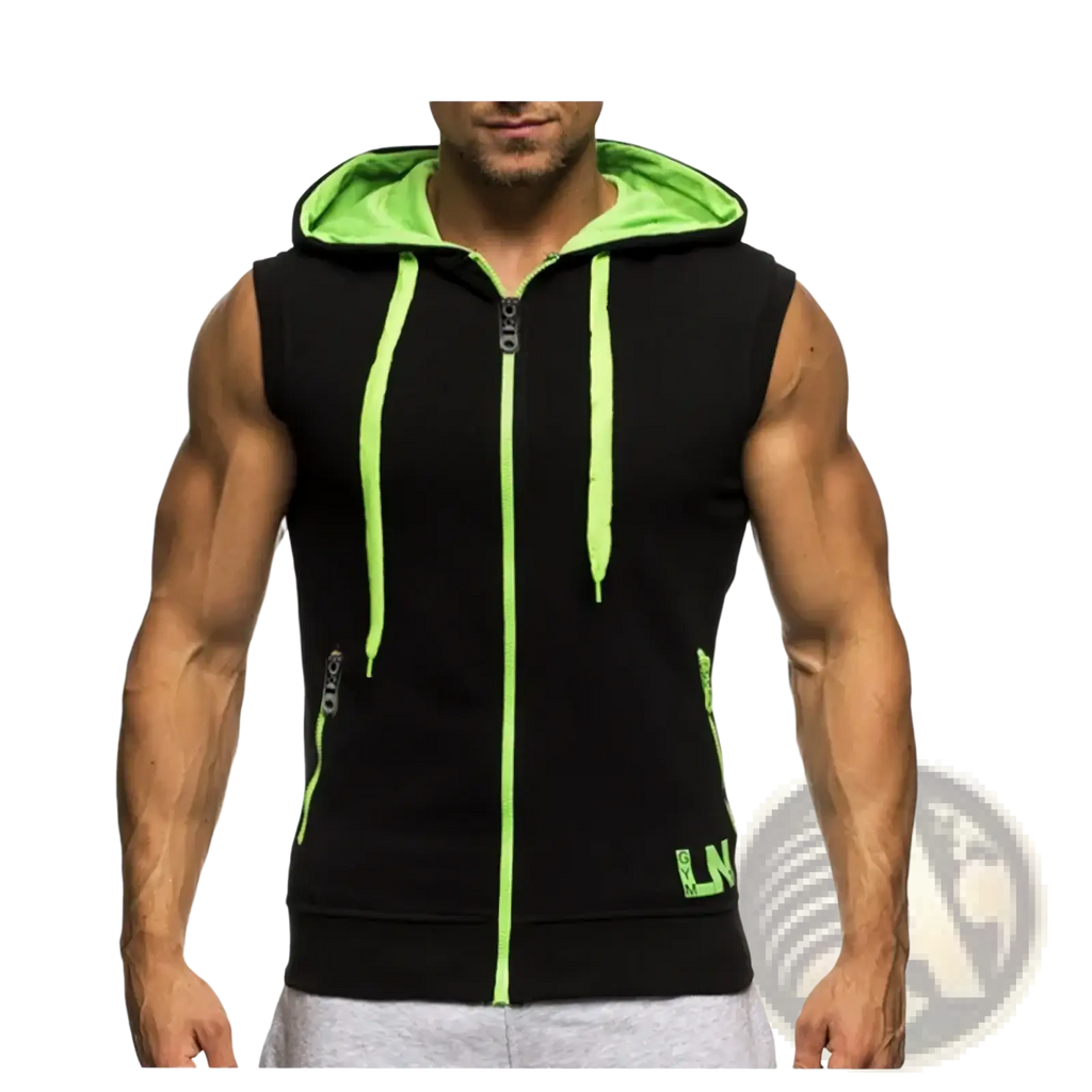 Men sleeveless zip hoodie gym tank top in black with neon green lining and trim suitable for activewear and workouts