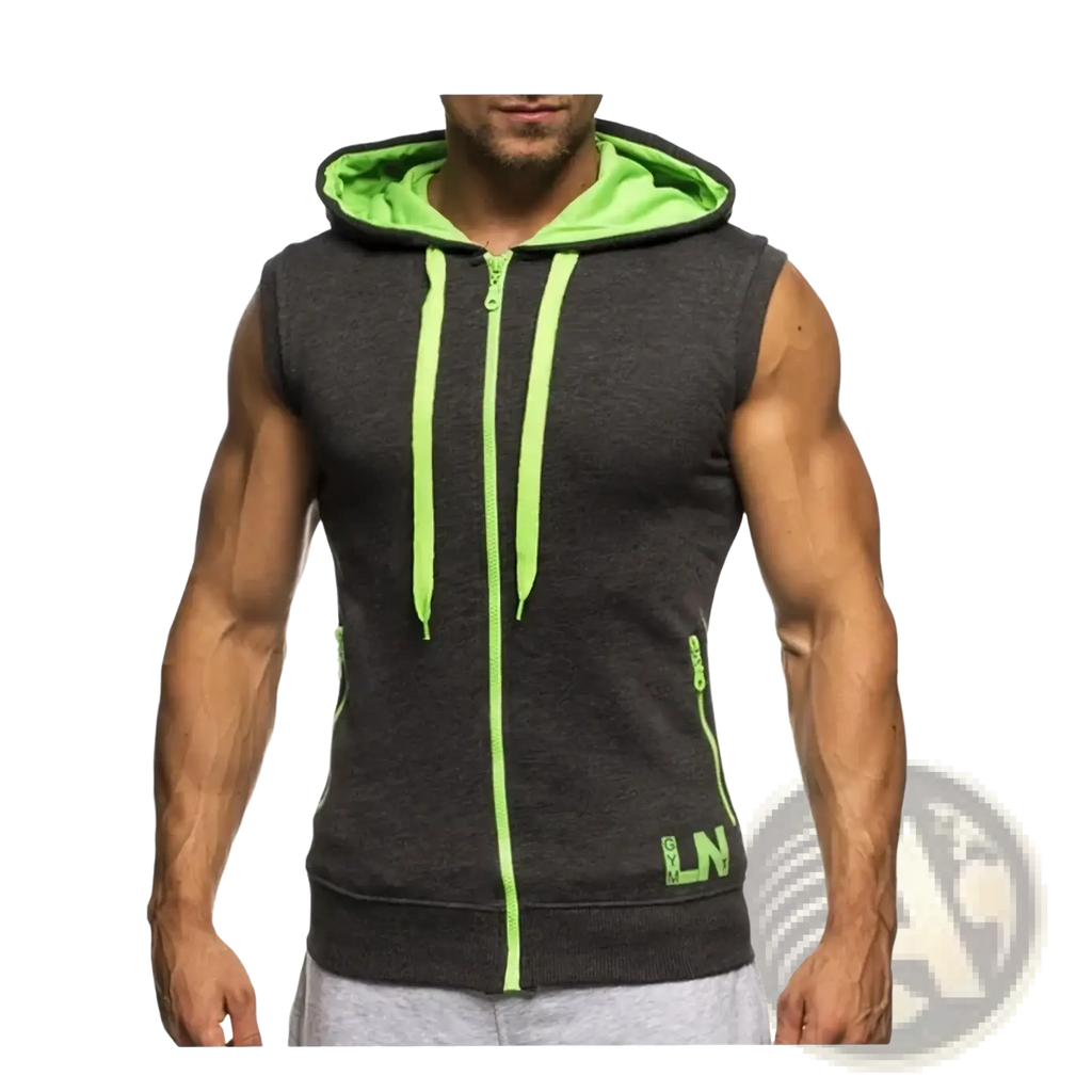 Men sleeveless zip hoodie gym tank top in dark gray with neon green inner lining zipper pull and side pockets