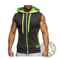 Men sleeveless zip hoodie gym tank top in dark gray with neon green inner lining zipper pull and side pockets