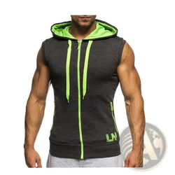 Men sleeveless zip hoodie gym tank top in dark gray with neon green inner lining zipper pull and side pockets