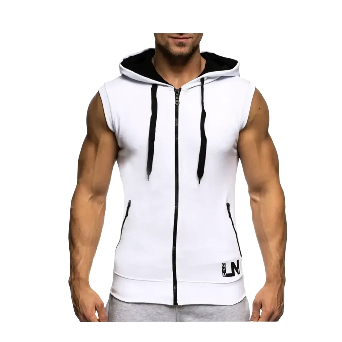 Men sleeveless white zip hoodie with black lining and drawstrings gym tank top with front zipper and side pockets