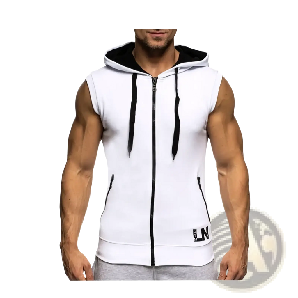Men sleeveless zip hoodie gym tank top in white with black inner lining and drawstrings for activewear use