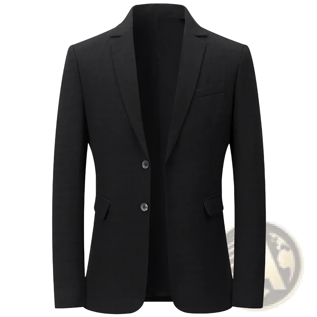Black slim business blazer with a sleek modern cut, two front buttons, solid non iron fabric suit jacket
