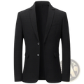 Black slim business blazer with a sleek modern cut, two front buttons, solid non iron fabric suit jacket