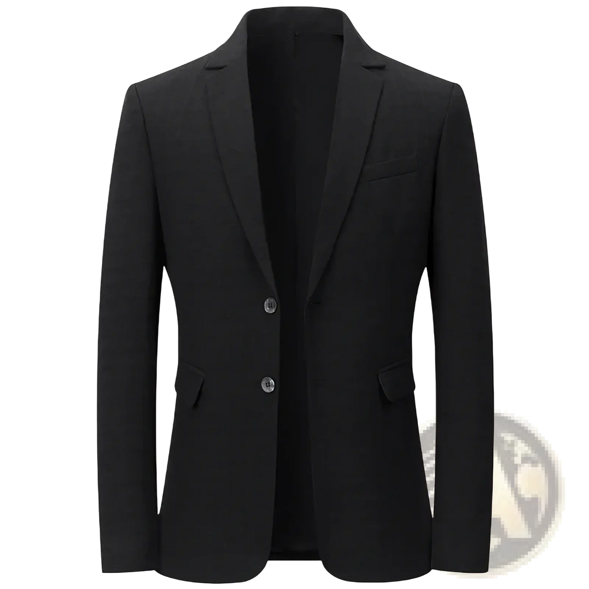 Black slim business blazer with a sleek modern cut, two front buttons, solid non iron fabric suit jacket