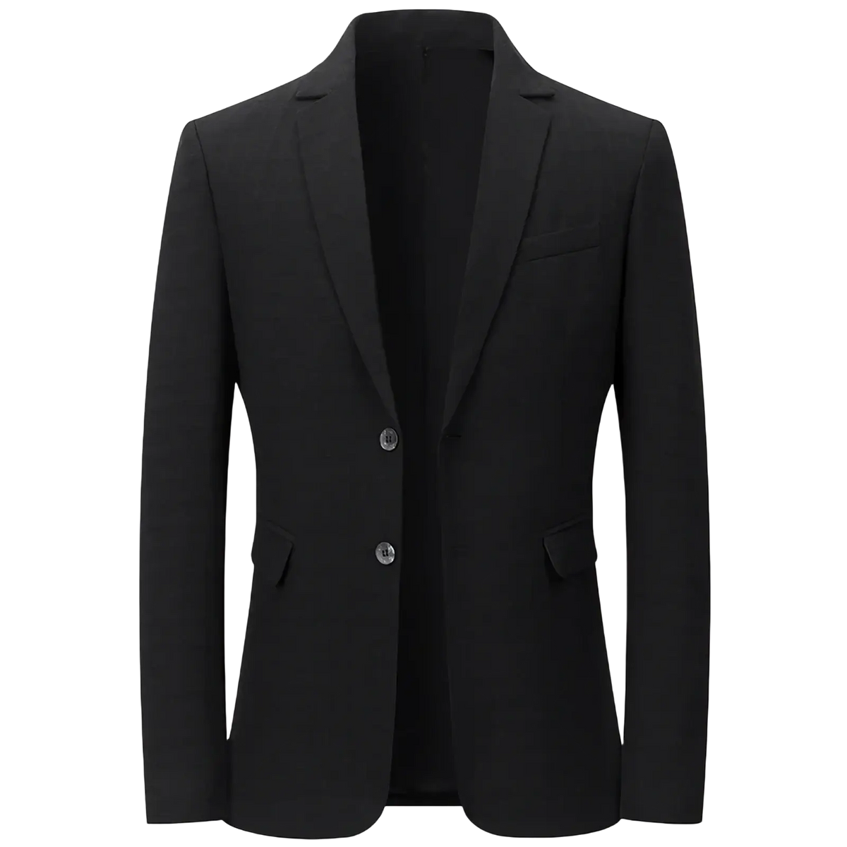 Black slim business blazer with a sleek modern cut, two front buttons, solid non iron fabric suit jacket