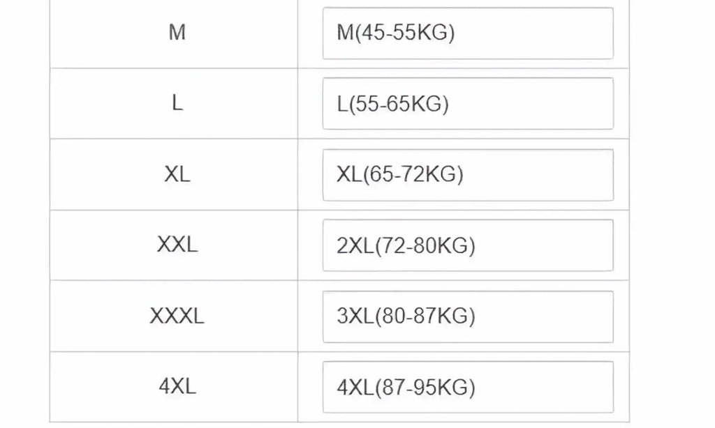 Size chart for men slim business blazer solid non iron suit jacket showing sizes m to 4xl with weight ranges kg