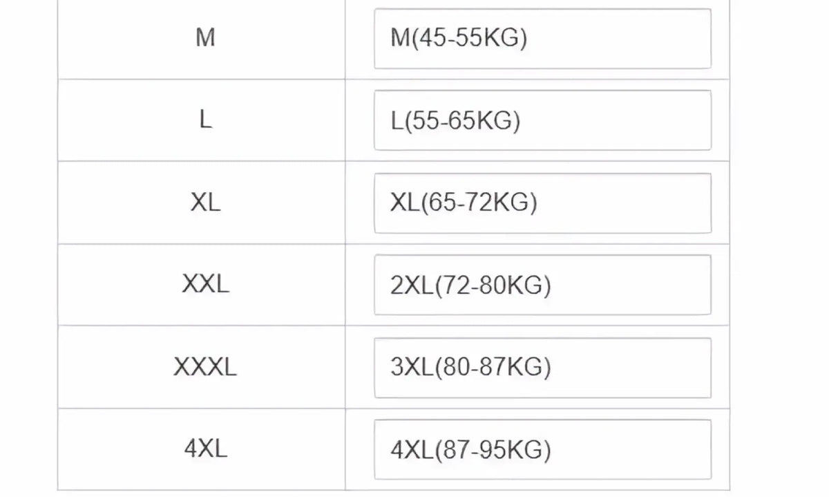 Size chart for men slim business blazer solid non iron suit jacket showing sizes m to 4xl with weight ranges kg