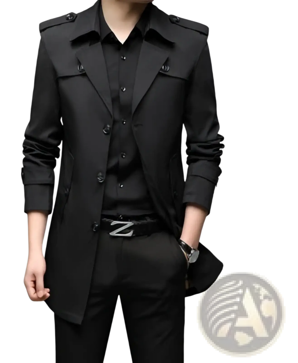 Men slim business trench coat in black with cotton-lined interior, epaulets, and buttoned cuffs for warmth and style