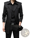 Men slim business trench coat in black with cotton-lined interior, epaulets, and buttoned cuffs for warmth and style