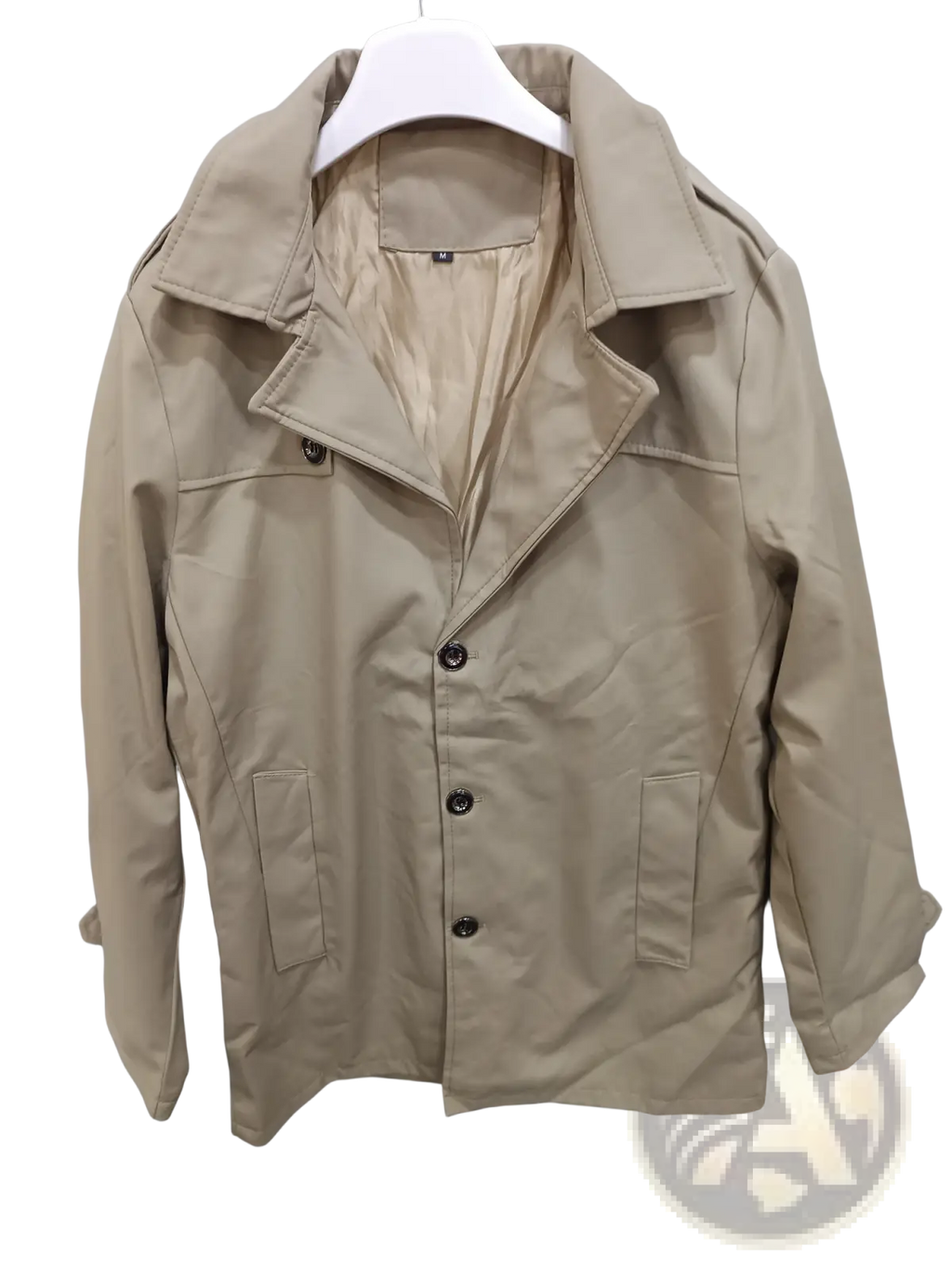 Men slim business trench coat in beige with dark brown buttons and two front pockets for formal wear