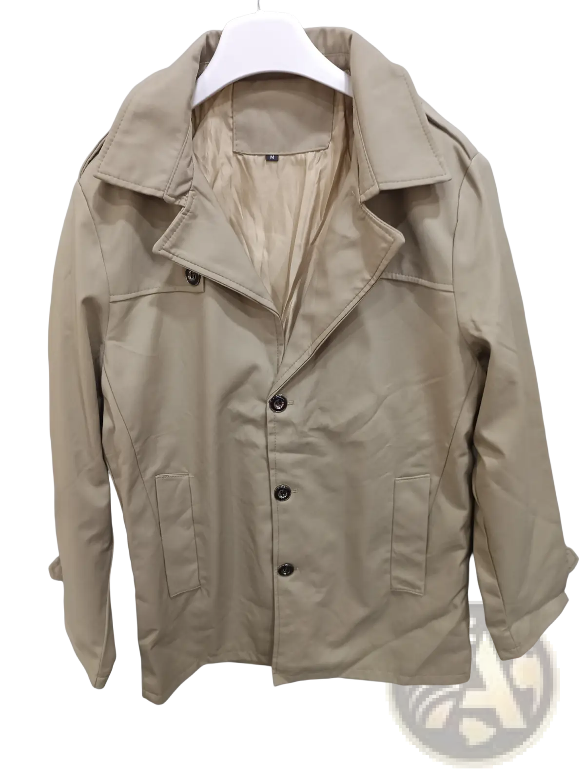 Men slim business trench coat in beige with dark brown buttons and two front pockets for formal wear