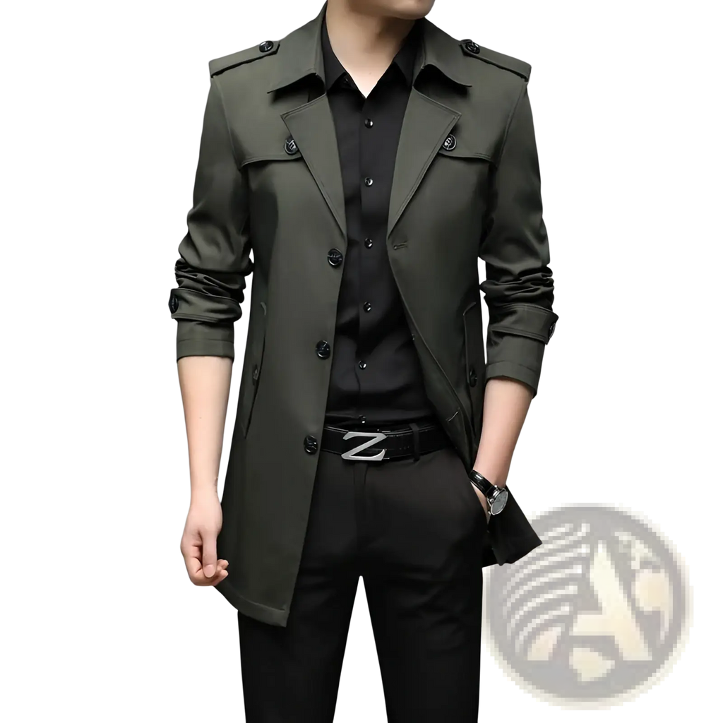 Men slim business trench coat in olive green with black buttons and epaulets for a stylish formal look
