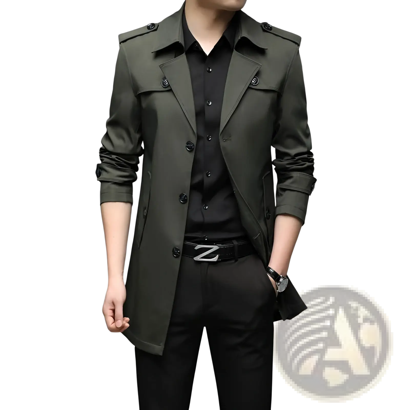 Men slim business trench coat in olive green with black buttons and epaulets for a stylish formal look